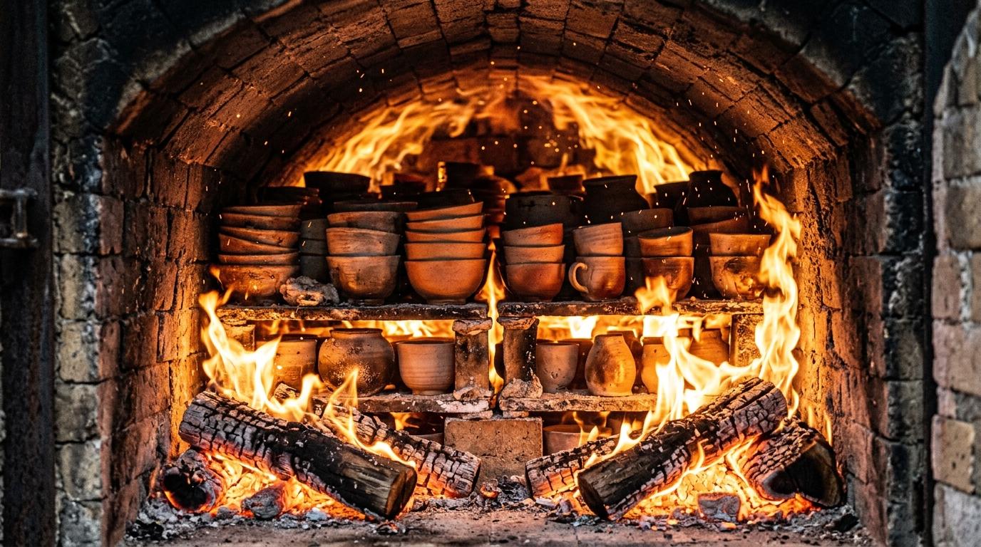 Active wood-firing kiln interior with ceramics in flames